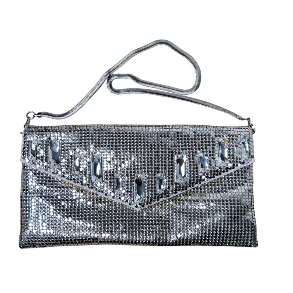 Whiting and Davis Silver Mesh Evening Clutch Shoulder Bag Crystal Embellished